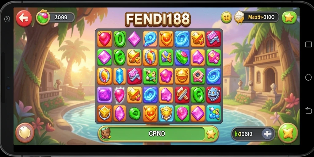 Screenshot utama FENDI188 menampilkan gameplay Match-3 yang seru.