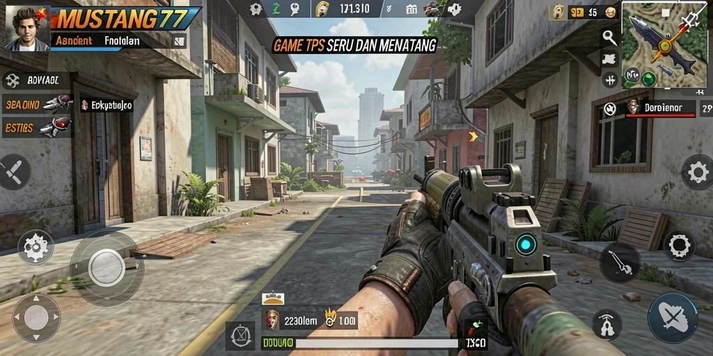 Tangkapan layar gameplay MUSTANG77 yang menunjukkan aksi TPS yang mendebarkan.
