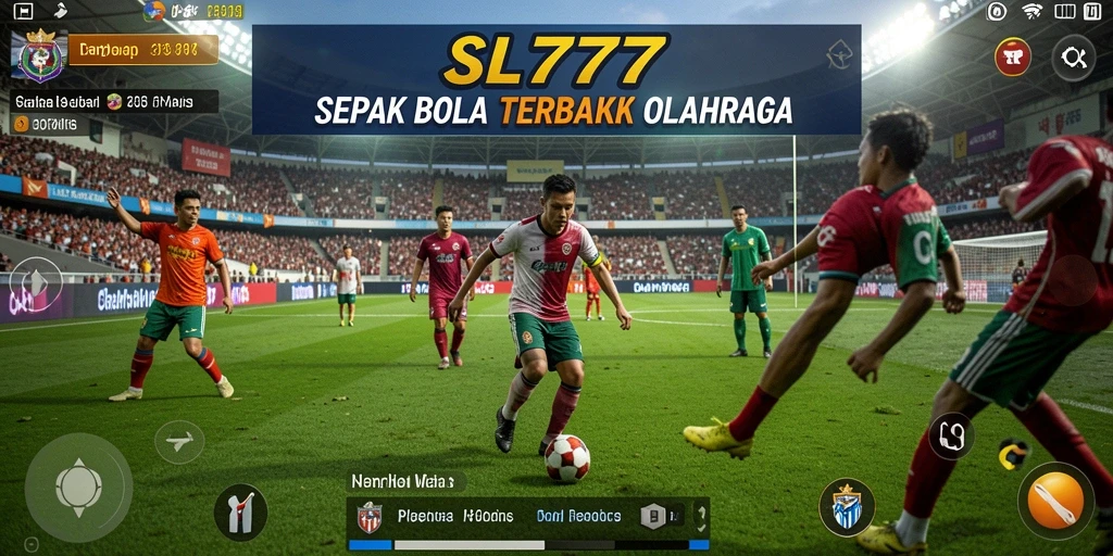 Screenshot utama SL777 menunjukkan aksi seru di lapangan sepak bola.